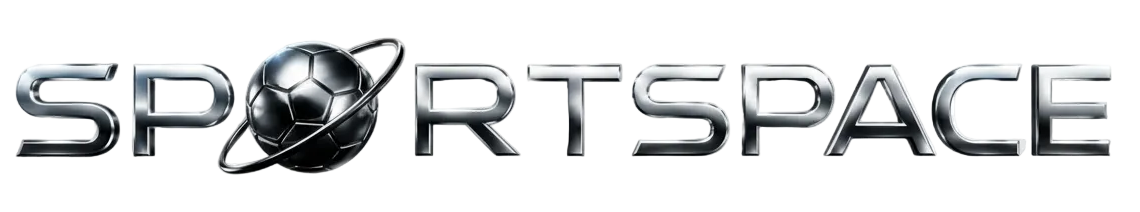 Metallic 'SPORTSpace' logo with a soccer ball icon on a black background