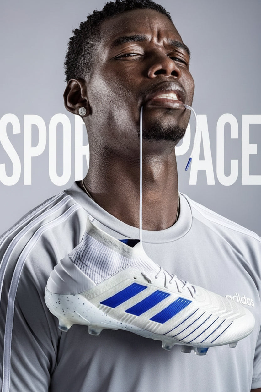 Person wearing a white sports jersey and Adidas soccer cleats with a gray background